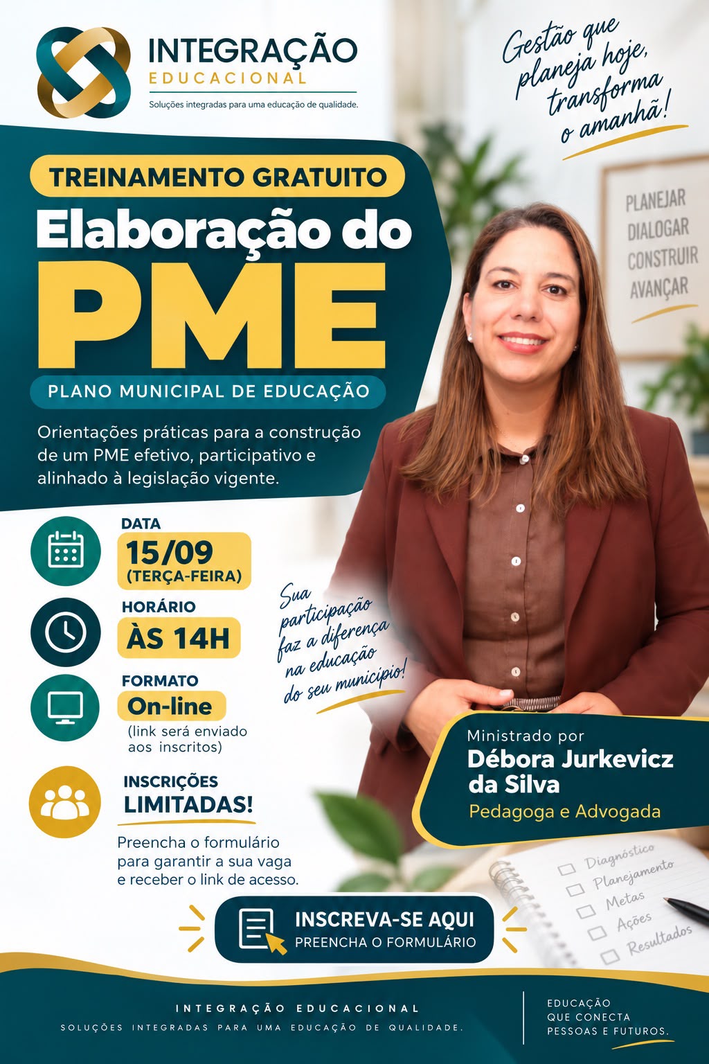 Treinamento gratuito sobre elaboração do PME, dia 15/09 às 14h, on-line, com Débora Jurkevicz da Silva.